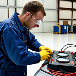 **Aircraft Maintenance Technician Working with a Multimeter:** An aircraft maintenance technician in a well-lit hangar using a multimeter to diagnose electrical issues on an aircraft's wiring. Safety goggles and gloves are visible.