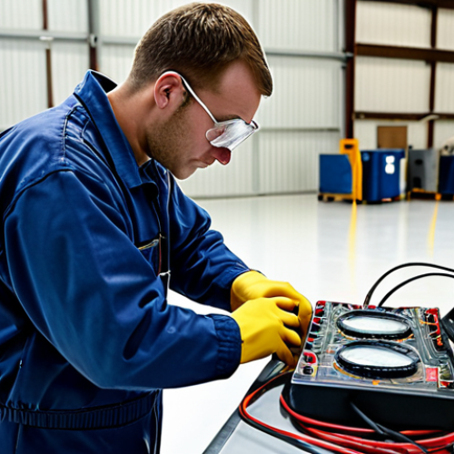 Home 11 **Aircraft Maintenance Technician Working with a Multimeter:** An aircraft maintenance technician in a well-lit hangar using a multimeter to diagnose electrical issues on an aircraft's wiring. Safety goggles and gloves are visible.