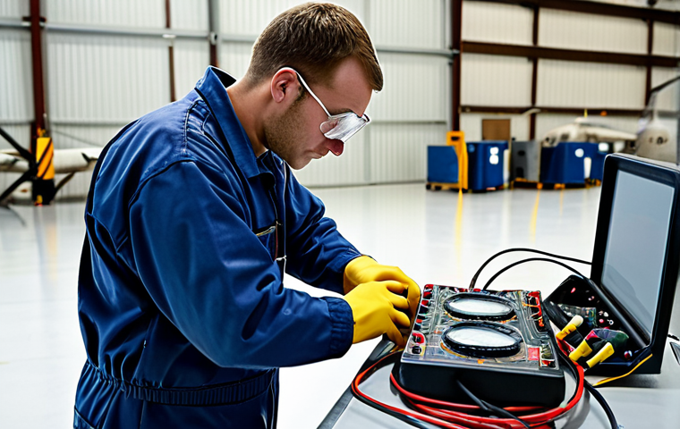 **Aircraft Maintenance Technician Working with a Multimeter:** An aircraft maintenance technician in a well-lit hangar using a multimeter to diagnose electrical issues on an aircraft's wiring. Safety goggles and gloves are visible.
