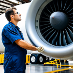 A highly skilled professional aircraft mechanic, wearing a clean, modest work uniform and safety glasses, meticulously inspecting and working on a large jet engine inside a well-lit, modern aircraft hangar. The mechanic is focused, with tools neatly arranged nearby. The background features parts of a commercial airliner. Perfect anatomy, correct proportions, natural pose, well-formed hands, proper finger count, natural body proportions, professional photography, high quality, safe for work, appropriate content, fully clothed, professional dress, modest clothing.
