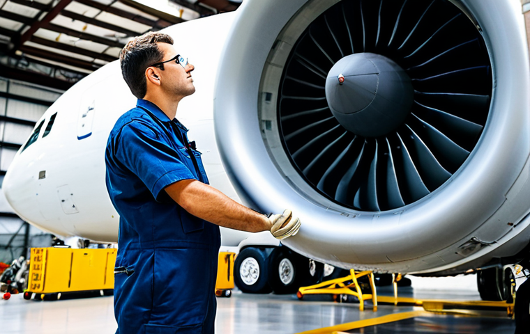 A highly skilled professional aircraft mechanic, wearing a clean, modest work uniform and safety glasses, meticulously inspecting and working on a large jet engine inside a well-lit, modern aircraft hangar. The mechanic is focused, with tools neatly arranged nearby. The background features parts of a commercial airliner. Perfect anatomy, correct proportions, natural pose, well-formed hands, proper finger count, natural body proportions, professional photography, high quality, safe for work, appropriate content, fully clothed, professional dress, modest clothing.