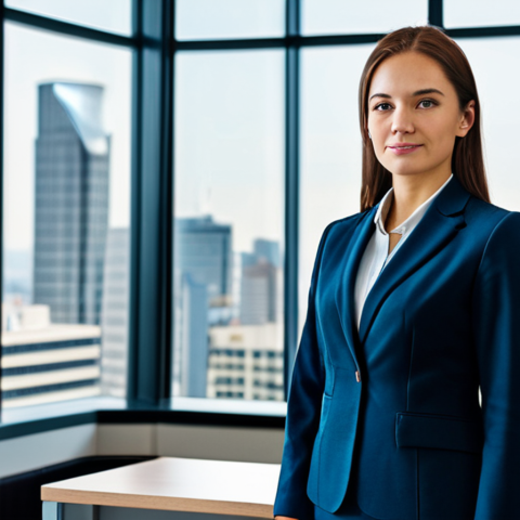 **
A professional businesswoman in a modest business suit, standing confidently in a modern office lobby, fully clothed, appropriate attire, safe for work, perfect anatomy, natural proportions, corporate photography, high quality. The background includes a reception desk, blurred office workers, and large windows with cityscape views.
**