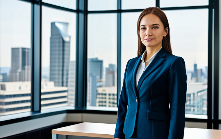 **
A professional businesswoman in a modest business suit, standing confidently in a modern office lobby, fully clothed, appropriate attire, safe for work, perfect anatomy, natural proportions, corporate photography, high quality. The background includes a reception desk, blurred office workers, and large windows with cityscape views.
**