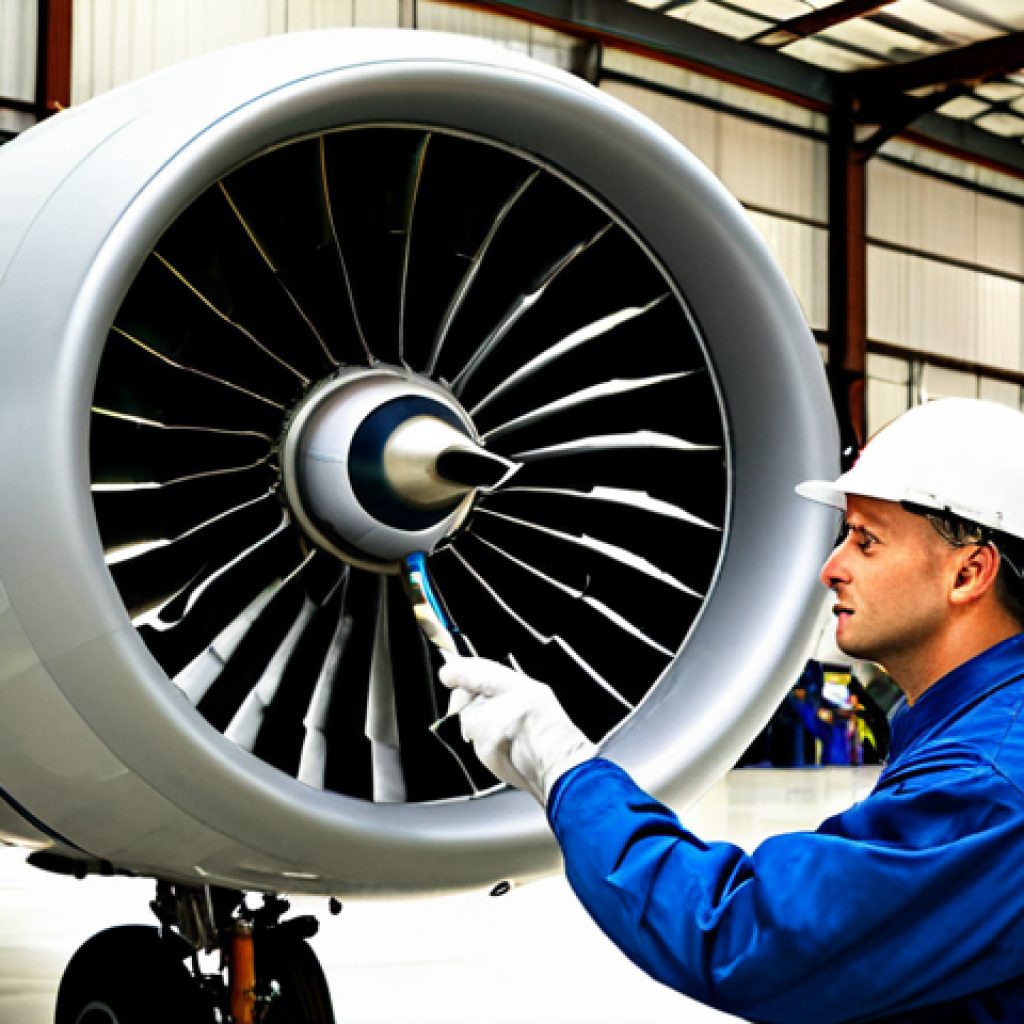 **

"A professional aircraft mechanic, fully clothed in work attire, meticulously inspecting a plane engine. The scene is a bright, clean hangar with various tools and equipment visible. Emphasis on the mechanic's focused expression and the complexity of the engine. Safe for work, appropriate content, professional, perfect anatomy, correct proportions, well-formed hands, natural pose, high quality, modest clothing, professional dress."

**