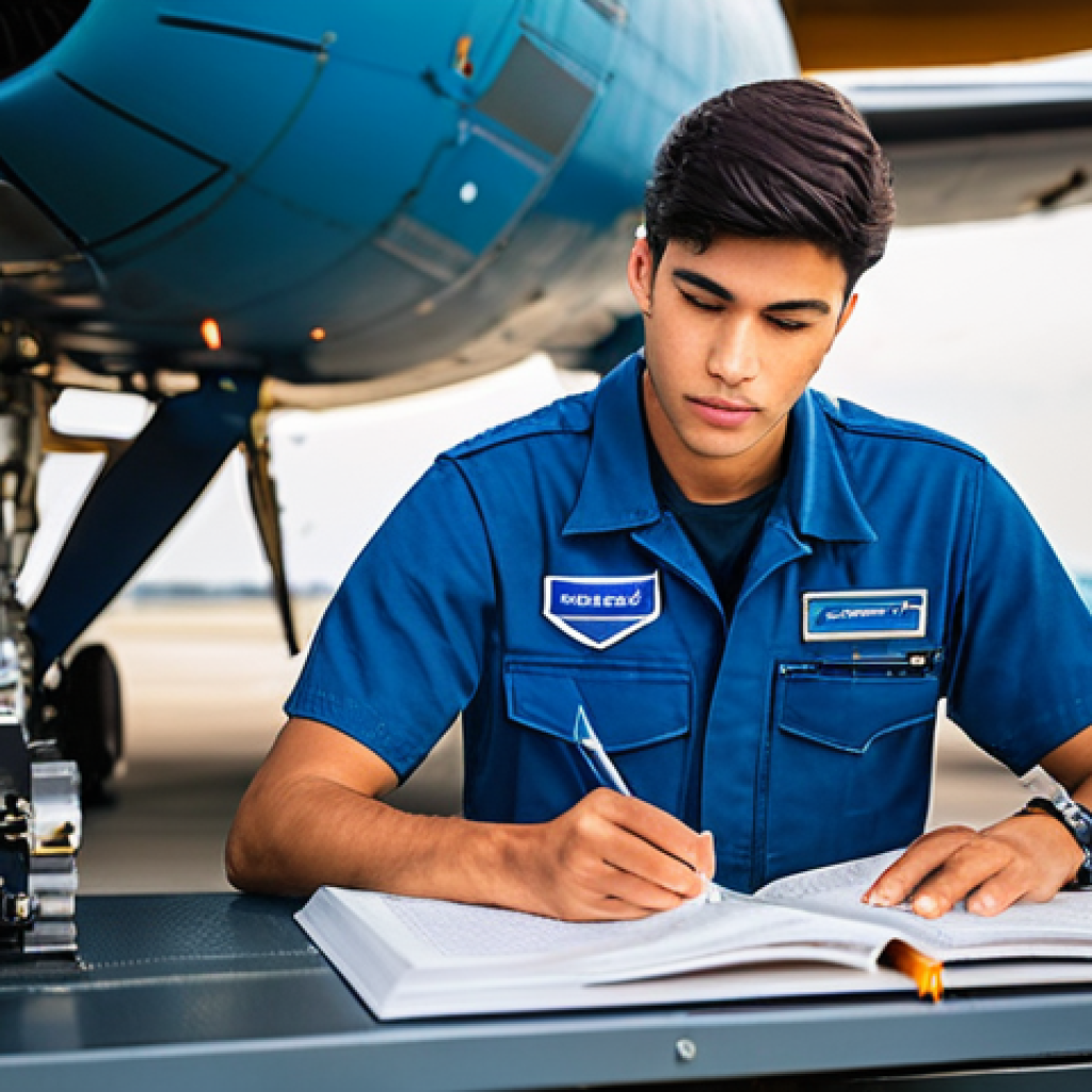 항공정비사가 추천하는 필수 서적 - **Prompt:** A young male aviation mechanic, perhaps in his early 20s, with a focused expression, sit...