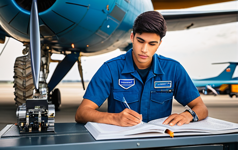 항공정비사가 추천하는 필수 서적 - **Prompt:** A young male aviation mechanic, perhaps in his early 20s, with a focused expression, sit...