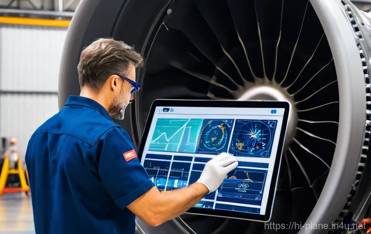 항공정비사와 항공기 성능 테스트 - A highly skilled male aircraft mechanic, in his mid-40s, wearing a clean, dark blue uniform with a c...