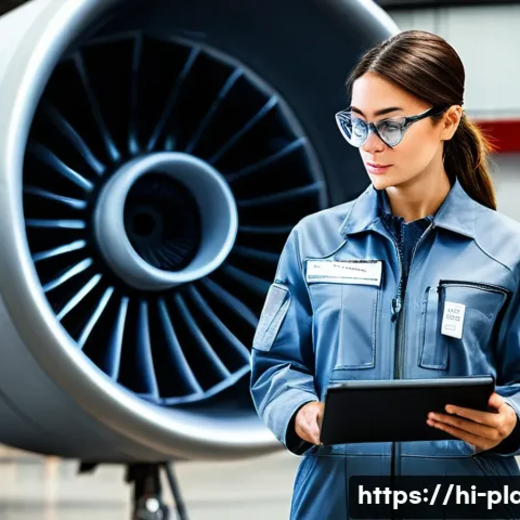 항공정비사와 항공사별 정비 시스템 차이 - **Prompt:** A focused, professional female aircraft mechanic in her early 30s, wearing clean, light ...
