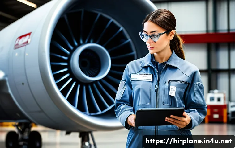 항공정비사와 항공사별 정비 시스템 차이 - **Prompt:** A focused, professional female aircraft mechanic in her early 30s, wearing clean, light ...