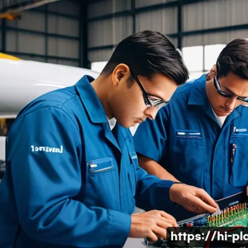 항공정비 업무에서 흔히 발생하는 문제 - A detailed, realistic scene inside an aircraft maintenance hangar showing a team of technicians care...