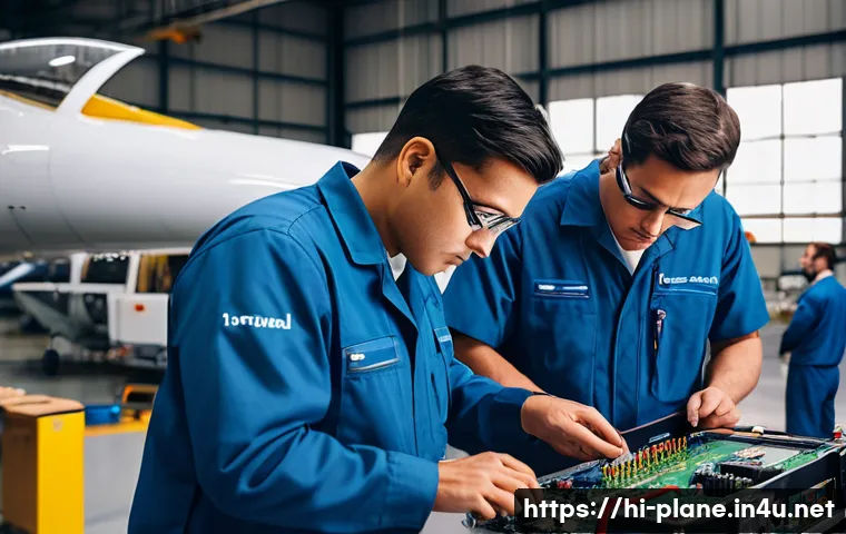항공정비 업무에서 흔히 발생하는 문제 - A detailed, realistic scene inside an aircraft maintenance hangar showing a team of technicians care...