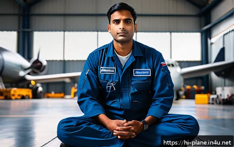 항공정비사의 멘탈 관리 방법 - A calm and focused aircraft maintenance technician of Indian descent practicing deep breathing and m...