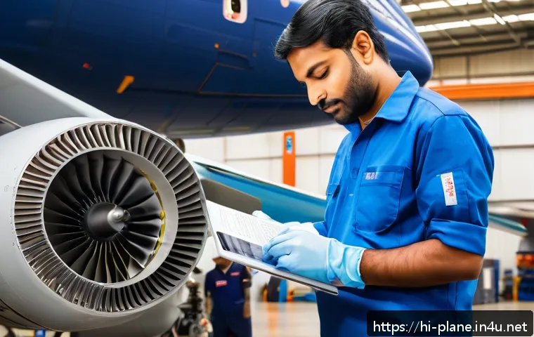 항공정비사 자격증 갱신 절차 - A professional Indian aircraft maintenance technician in a clean, well-organized workshop, wearing a...