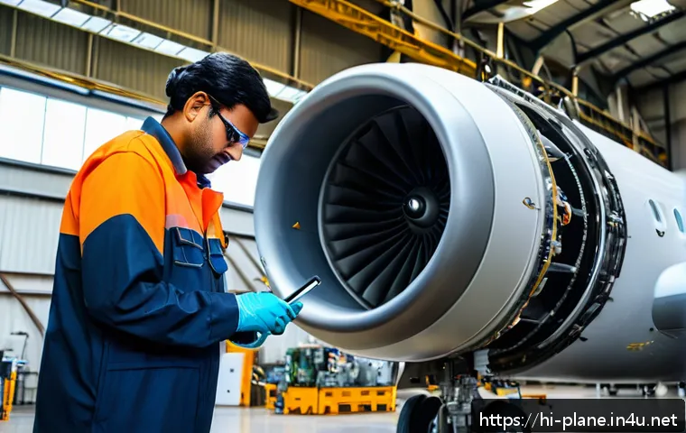 항공정비사 실습에서 배운 점 - A detailed scene inside an aircraft maintenance hangar featuring an experienced Indian aircraft main...