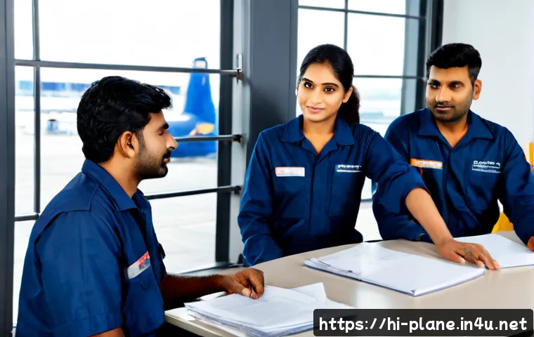 항공정비사 연봉 협상 실패 사례 - Photorealistic Indian aircraft maintenance technician in clean navy coveralls sitting across a desk ...