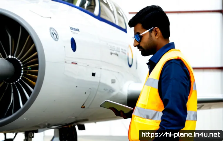 Home 17 항공정비사의 글로벌 인증 과정 - Photorealistic aviation maintenance trainee of Indian heritage in a spotless aircraft hangar, carefu...