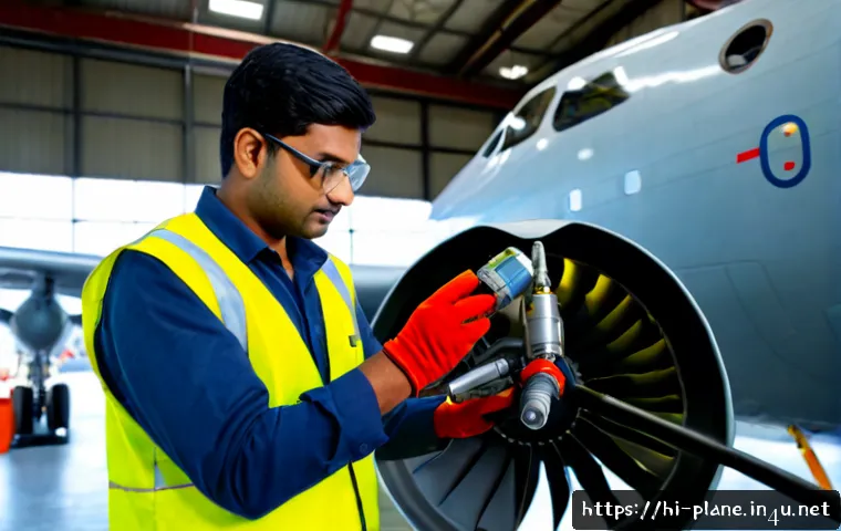 항공정비사가 되기 위해 필요한 자질 - Photorealistic aviation maintenance technician in a clean aircraft hangar, focused young Indian man ...